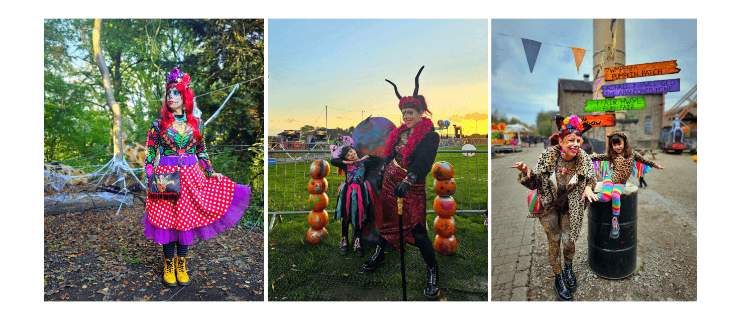 3 photo collage. Image 1: Ange in Day of the Dead makeup and outfit. Polka dot orange and white skirt with a purple lace trim, purple chunky belt and colourful patterned long-sleeved top tucked in the skirt with neon green, orange, pink and blue patterns. An orange wig is worn and a black side bag with orange tassles and a colourful pattern on the front. Yellow with black lace doc style boots. Image 2: Ange posing with her daughter next to 2 piles of pumpkins Ange wearing a pink sparkley long skirt, black top with pink feathery lining and black horns on her head. Her daughter is wearing a colourful witch dress in pink, blue and black and a big spider bow on her head. Image 3: Ange and her daughter are dressed in full leopard print and posing like cats. They have face paint cheetah faces. They're both wearing leopard-style leotards, Ange with a big leopard print fur coat, both have ear headbands on and Ange's daughter is wearing colourful rainbow tights.