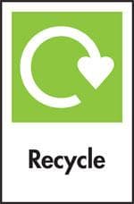 "Swoosh" ailgylchu gwyn gyda'r gair "Recycle"